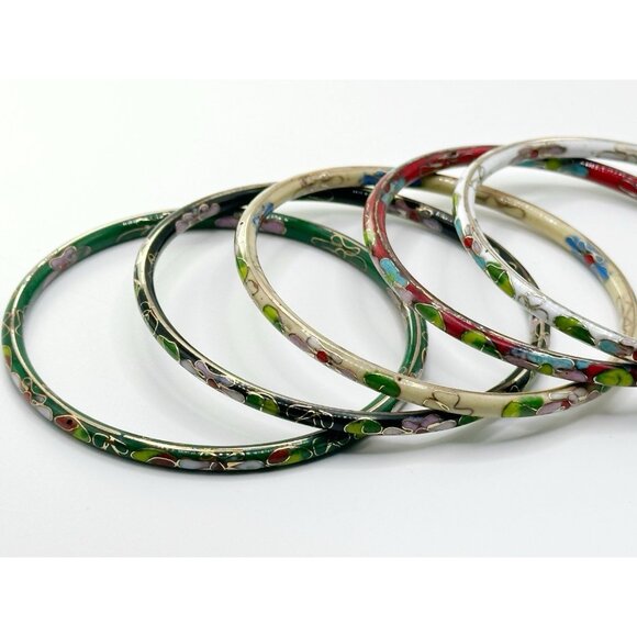 5 Floral Cloisonne Enamel Bangle Bracelets Red, Green, White, Black, Ivory - Picture 3 of 7